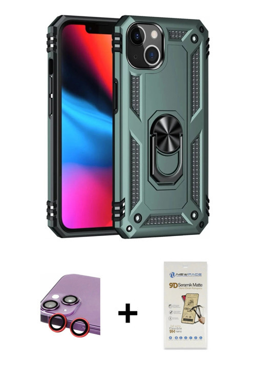 ieg™ iPhone 14 Plus Kılıf Ahenk Klasik Koleksiyonu - Siyah Mat Seramik Nano Ekran Koruyucu + Kırmızı