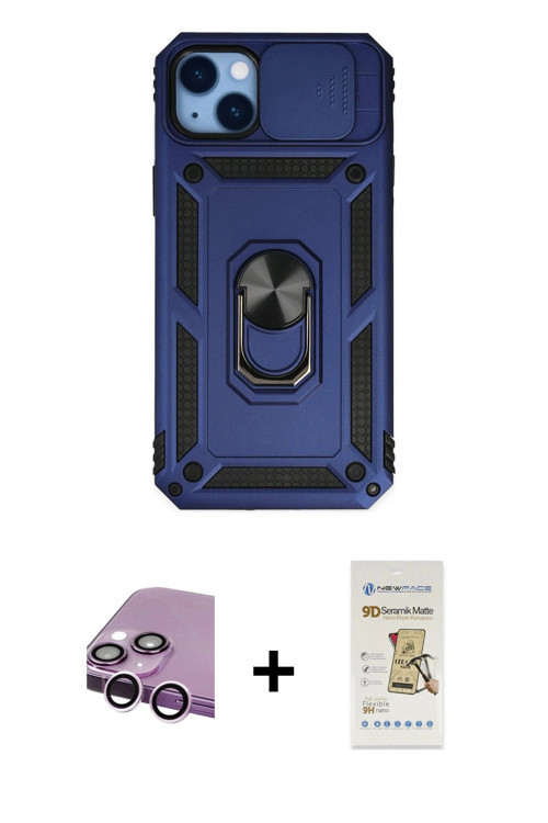 ieg™ iPhone 14 Plus Kılıf Ahenk Klasik - Siyah Mat Seramik Nano Ekran Koruyucu + Mor Raze Metal Kame