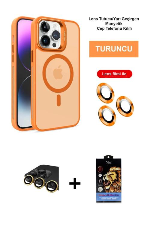 ieg™ iPhone 14 Pro Kılıf Akış Form - Siyah Buffer Hayalet Cam Ekran Koruyucu + Gold Raze Metal Kamer