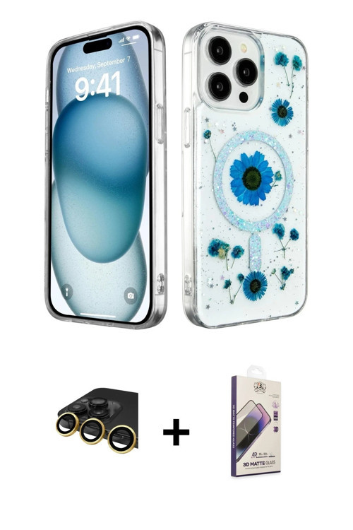 ieg™ iPhone 14 Pro Kılıf Kozmos Doku - Siyah Bilvis 3D Mat Cam Ekran Koruyucu + Gold Raze Metal Kame