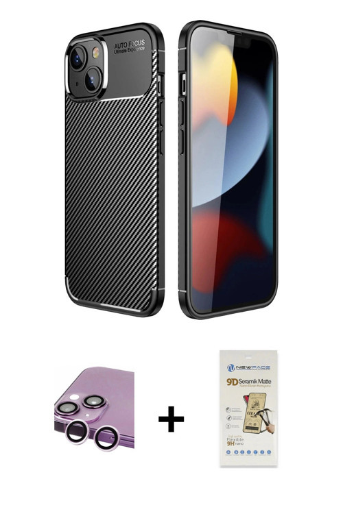 ieg™ iPhone 14 Plus Kılıf Eksen Form Prime - Siyah Mat Seramik Nano Ekran Koruyucu + Mor Raze Metal