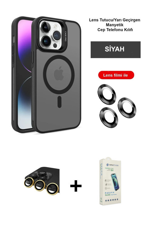 ieg™ iPhone 14 Pro Kılıf Akış Form - Şeffaf Pasifik Cam Ekran Koruyucu + Gold Raze Metal Kamera Lens