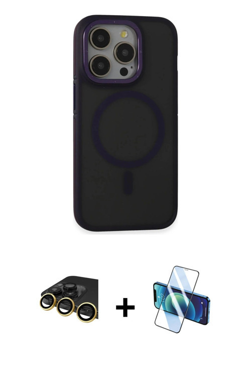 ieg™ iPhone 14 Pro Kılıf Ahenk Form Serisi - Siyah 3D Antistatik Cam Ekran Koruyucu + Gold Raze Meta