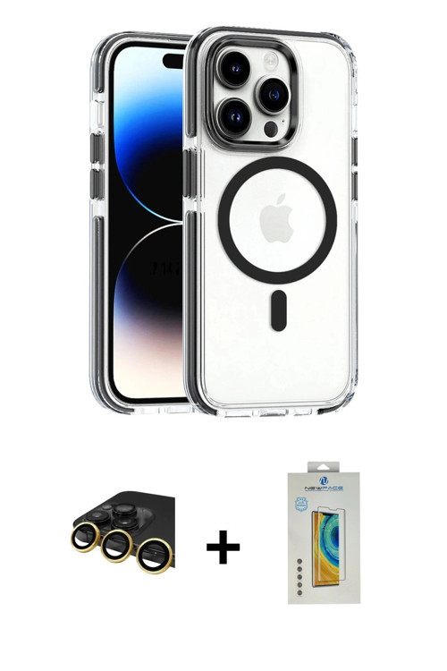 ieg™ iPhone 14 Pro Kılıf Kozmos Doku Koleksiyonu - Siyah Polymer Nano Ekran Koruyucu + Gold Raze Met