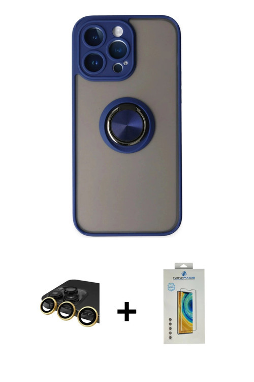 ieg™ iPhone 14 Pro Kılıf Yörünge Çizgi - Siyah Polymer Nano Ekran Koruyucu + Gold Raze Metal Kamera