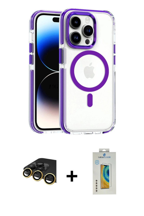 ieg™ iPhone 14 Pro Kılıf Kozmos Doku Koleksiyonu - Siyah Polymer Nano Ekran Koruyucu + Gold Raze Met