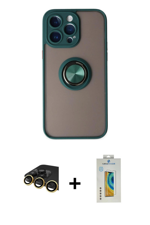 ieg™ iPhone 14 Pro Kılıf Yörünge Çizgi - Siyah Polymer Nano Ekran Koruyucu + Gold Raze Metal Kamera
