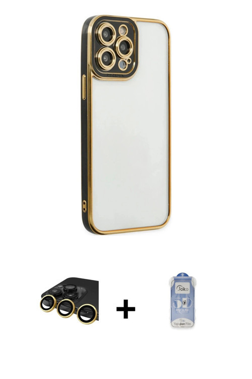 ieg™ iPhone 14 Pro Kılıf Çekirdek Klasik Serisi - Siyah Joko Magic 5D Cam + Gold Raze Metal Kamera L
