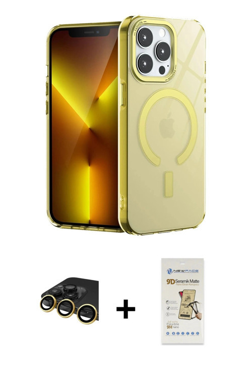 ieg™ iPhone 14 Pro Kılıf Yankı Çizgi - Siyah Mat Seramik Nano Ekran Koruyucu + Gold Raze Metal Kamer
