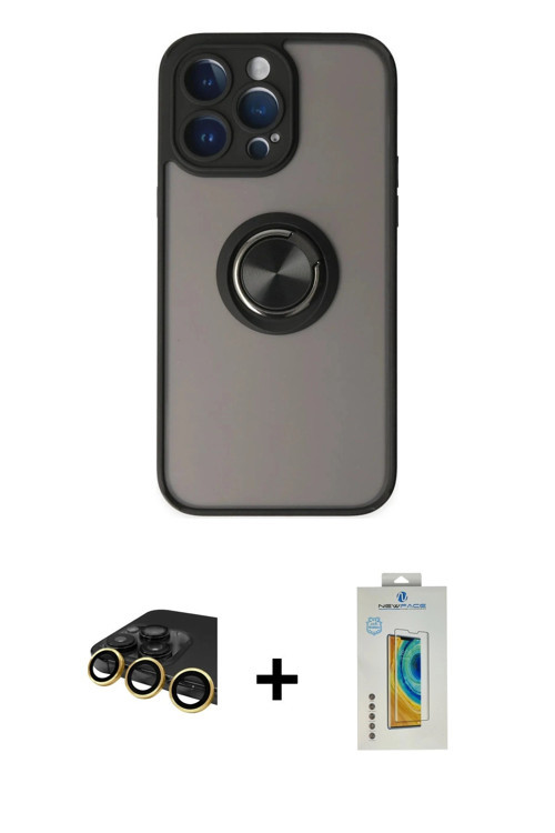 ieg™ iPhone 14 Pro Kılıf Yörünge Çizgi - Siyah Polymer Nano Ekran Koruyucu + Gold Raze Metal Kamera