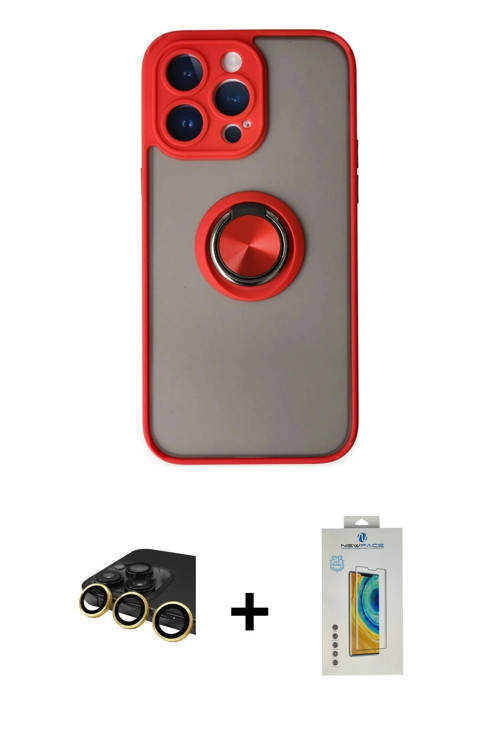 ieg™ iPhone 14 Pro Kılıf Yörünge Çizgi - Siyah Polymer Nano Ekran Koruyucu + Gold Raze Metal Kamera