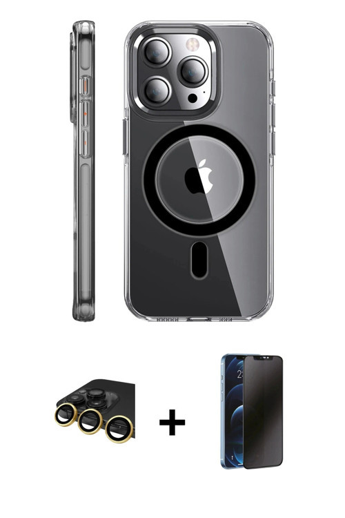 ieg™ iPhone 14 Pro Kılıf Nova Doku - Siyah 3D Antistatik Hayalet Cam Ekran Koruyucu + Gold Raze Meta
