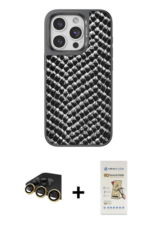 ieg™ iPhone 14 Pro Kılıf Vadi Özel Seri - Siyah Mat Seramik Nano Ekran Koruyucu + Gold Raze Metal Ka