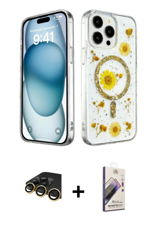 ieg™ iPhone 14 Pro Kılıf Kozmos Doku - Siyah Bilvis 3D Mat Cam Ekran Koruyucu + Gold Raze Metal Kame