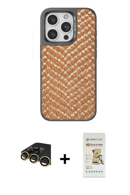ieg™ iPhone 14 Pro Kılıf Vadi Özel Seri - Siyah Mat Seramik Nano Ekran Koruyucu + Gold Raze Metal Ka