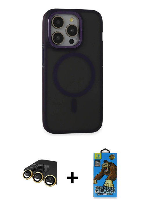 ieg™ iPhone 14 Pro Max Kılıf Ahenk Form Serisi - Siyah 18D Cam Ekran Koruyucu + Gold Raze Metal Kame