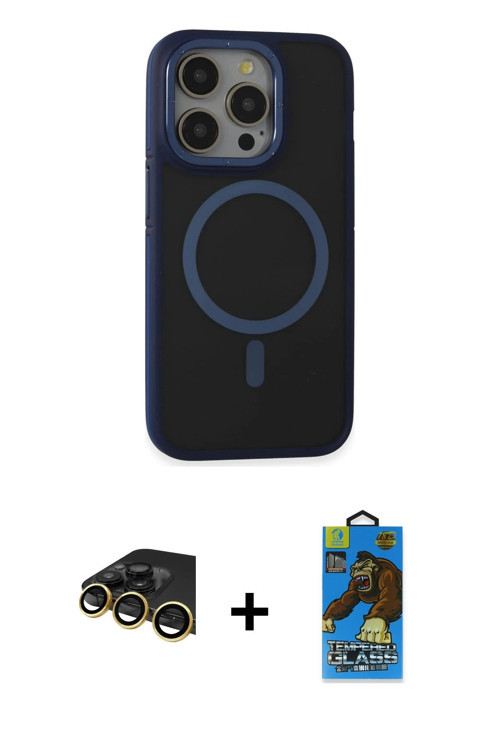 ieg™ iPhone 14 Pro Max Kılıf Ahenk Form Serisi - Siyah 18D Cam Ekran Koruyucu + Gold Raze Metal Kame