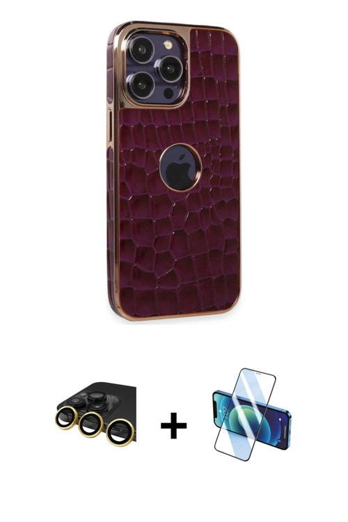 ieg™ iPhone 14 Pro Kılıf Ufuk Form Prime - Siyah 3D Antistatik Cam Ekran Koruyucu + Gold Raze Metal
