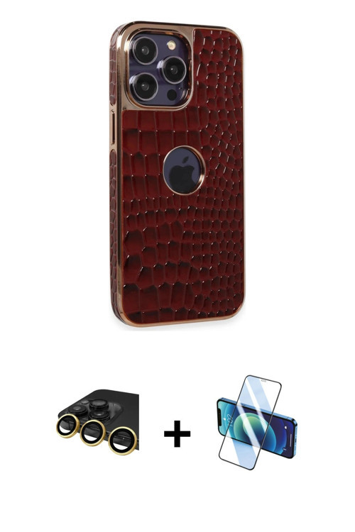 ieg™ iPhone 14 Pro Kılıf Ufuk Form Prime - Siyah 3D Antistatik Cam Ekran Koruyucu + Gold Raze Metal