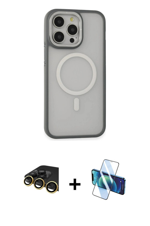 ieg™ iPhone 14 Pro Max Kılıf Ahenk Form Serisi - Siyah 3D Antistatik Cam Ekran Koruyucu + Gold Raze