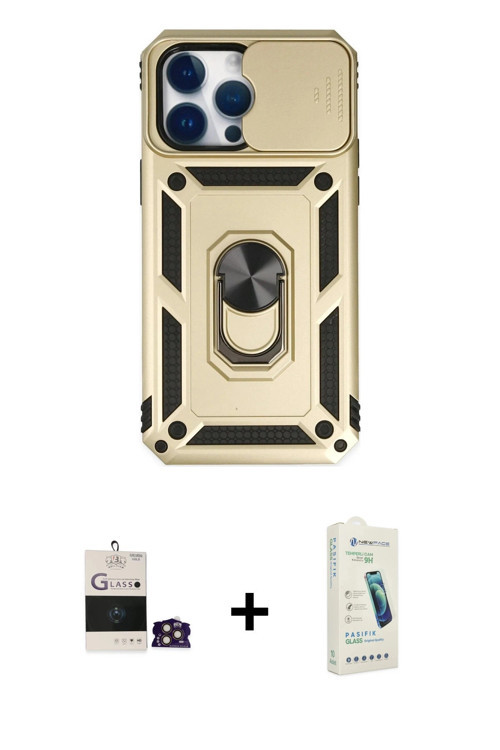 ieg™ iPhone 14 Pro Max Kılıf Ahenk Klasik - Şeffaf Pasifik Cam Ekran Koruyucu + Gold Bilvis Titan Ka