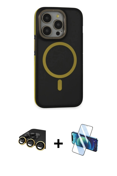 ieg™ iPhone 14 Pro Max Kılıf Ahenk Form Serisi - Siyah 3D Antistatik Cam Ekran Koruyucu + Gold Raze