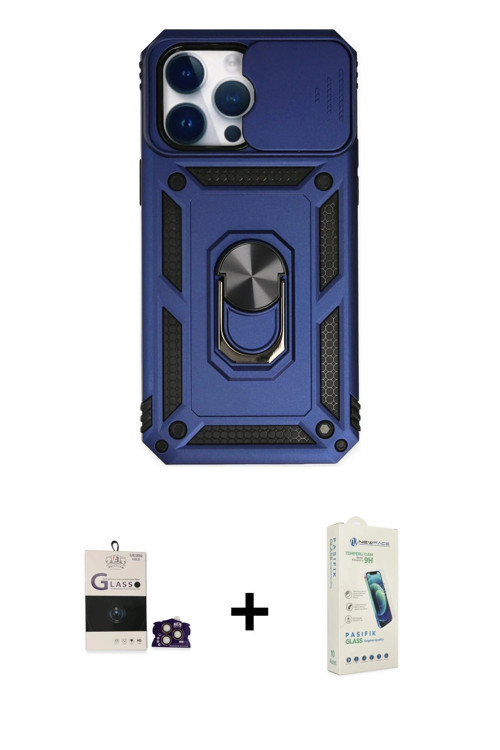 ieg™ iPhone 14 Pro Max Kılıf Ahenk Klasik - Şeffaf Pasifik Cam Ekran Koruyucu + Gold Bilvis Titan Ka