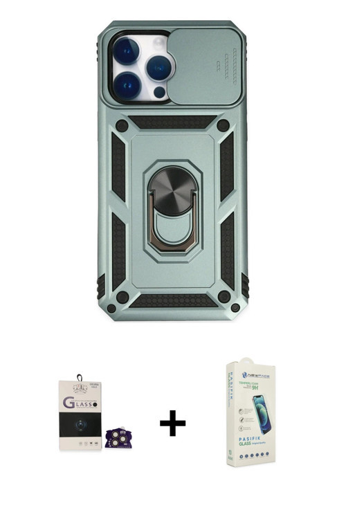 ieg™ iPhone 14 Pro Max Kılıf Ahenk Klasik - Şeffaf Pasifik Cam Ekran Koruyucu + Gold Bilvis Titan Ka