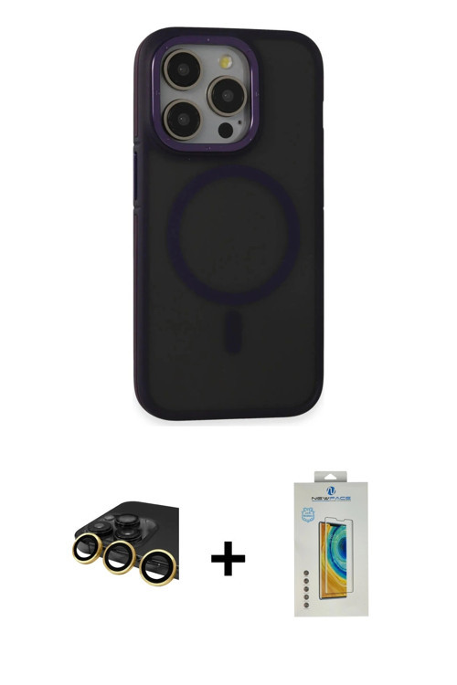 ieg™ iPhone 14 Pro Max Kılıf Ahenk Form Serisi - Siyah Polymer Nano Ekran Koruyucu + Gold Raze Metal