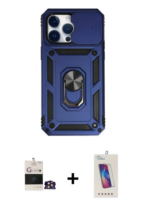 ieg™ iPhone 14 Pro Max Kılıf Ahenk Klasik - Siyah Joko 5D Cam + Gold Bilvis Titan Kamera Lens