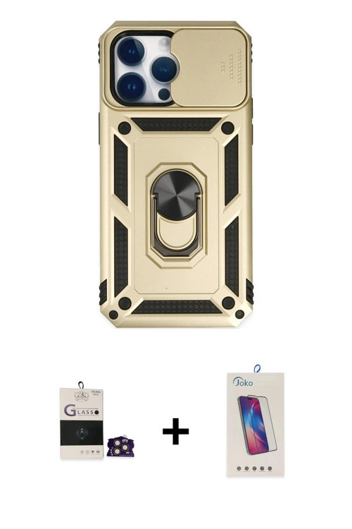 ieg™ iPhone 14 Pro Max Kılıf Ahenk Klasik - Siyah Joko 5D Cam + Gold Bilvis Titan Kamera Lens