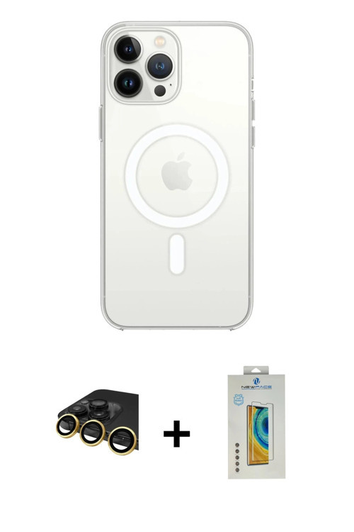 ieg™ iPhone 14 Pro Max Kılıf Ahenk Yansıma Prime - Siyah Polymer Nano Ekran Koruyucu + Gold Raze Met