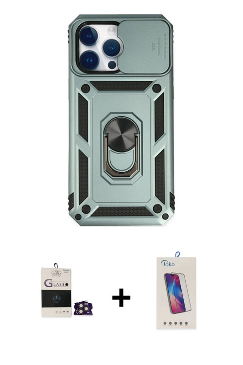 ieg™ iPhone 14 Pro Max Kılıf Ahenk Klasik - Siyah Joko 5D Cam + Gold Bilvis Titan Kamera Lens