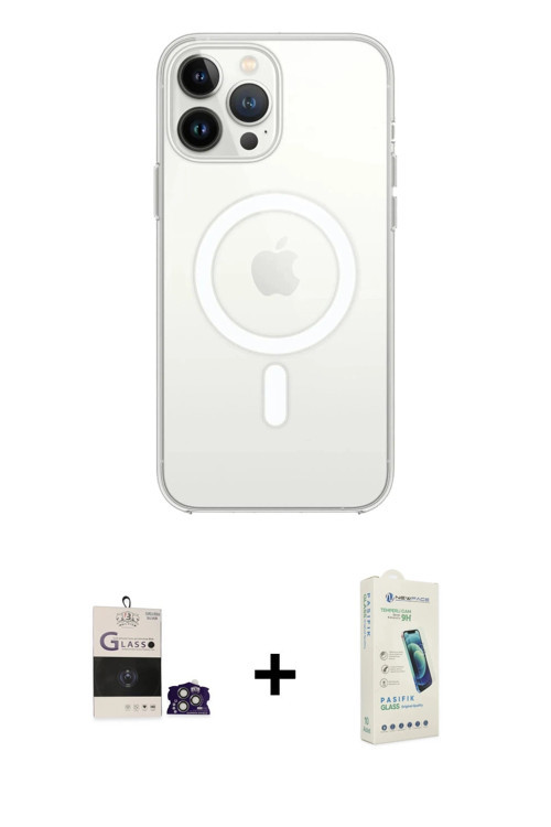ieg™ iPhone 14 Pro Max Kılıf Ahenk Yansıma Prime - Şeffaf Pasifik Cam Ekran Koruyucu + Gümüş Bilvis