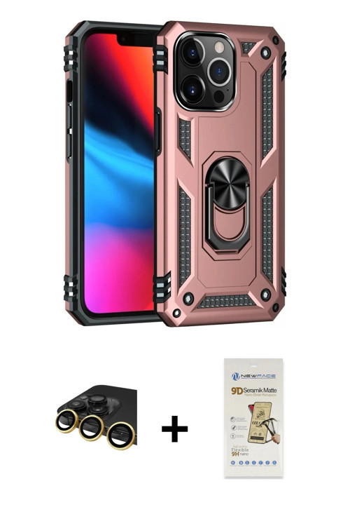 ieg™ iPhone 14 Pro Max Kılıf Ahenk Klasik Koleksiyonu - Siyah Mat Seramik Nano Ekran Koruyucu + Gold