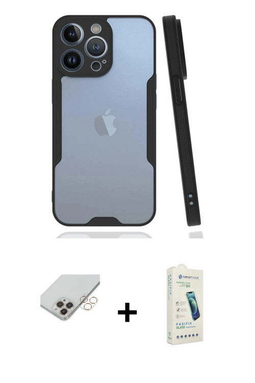 ieg™ iPhone 14 Pro Max Kılıf Atlas Asil Serisi - Şeffaf Pasifik Cam Ekran Koruyucu + Gold Band Metal