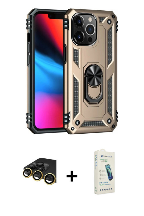 ieg™ iPhone 14 Pro Max Kılıf Ahenk Klasik Koleksiyonu - Şeffaf Pasifik Cam Ekran Koruyucu + Gold Raz