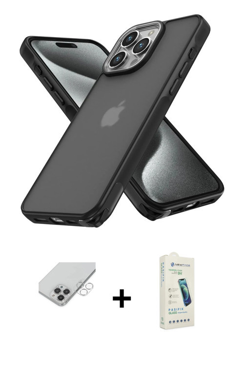 ieg™ iPhone 14 Pro Max Kılıf Atlas Form - Şeffaf Pasifik Cam Ekran Koruyucu + Gümüş Band Metal Kamer