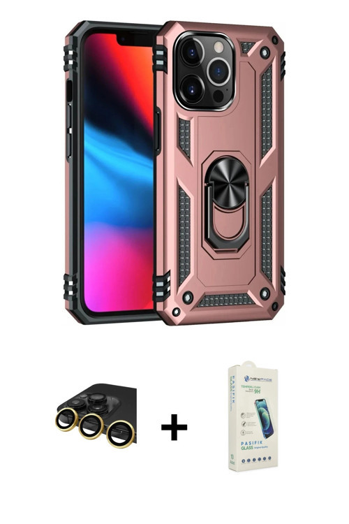 ieg™ iPhone 14 Pro Max Kılıf Ahenk Klasik Koleksiyonu - Şeffaf Pasifik Cam Ekran Koruyucu + Gold Raz