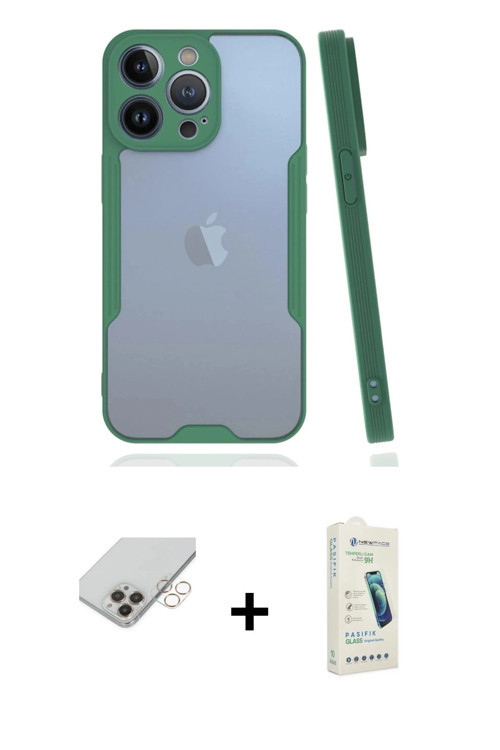 ieg™ iPhone 14 Pro Max Kılıf Atlas Asil Serisi - Şeffaf Pasifik Cam Ekran Koruyucu + Gold Band Metal