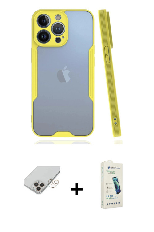 ieg™ iPhone 14 Pro Max Kılıf Atlas Asil Serisi - Şeffaf Pasifik Cam Ekran Koruyucu + Gold Band Metal