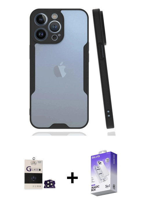 ieg™ iPhone 14 Pro Max Kılıf Atlas Asil Serisi - Siyah Bilvis 5in1 3D Magic Cam Ekran Koruyucu + Der