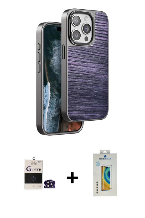 ieg™ iPhone 14 Pro Max Kılıf Atlas Minimal Özel Seri - Siyah Polymer Nano Ekran Koruyucu + Derin Mor