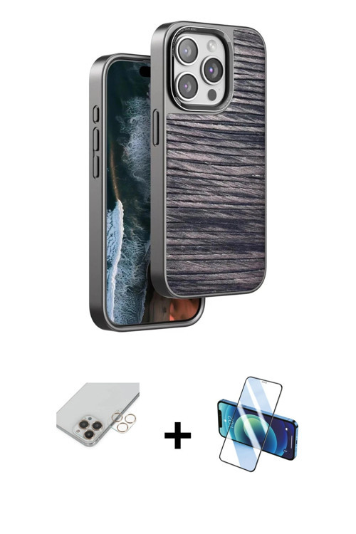 ieg™ iPhone 14 Pro Max Kılıf Atlas Minimal Özel Seri - Siyah 3D Antistatik Cam Ekran Koruyucu + Gold