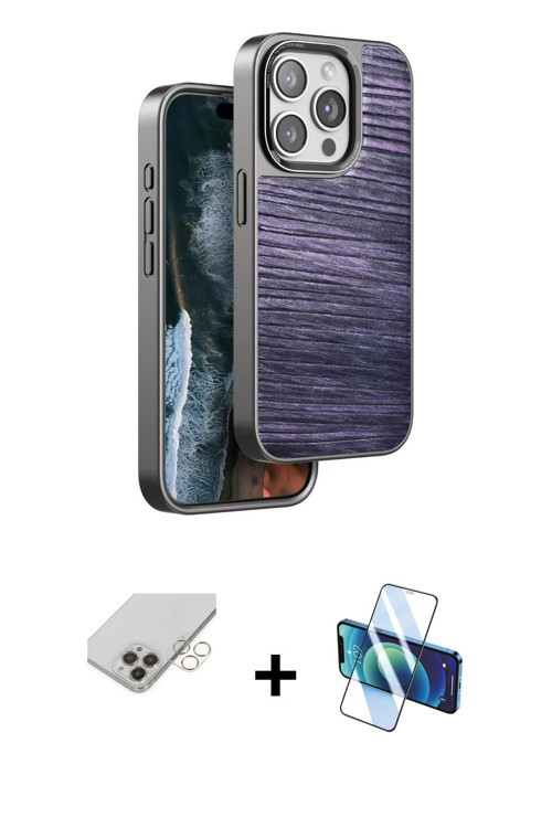 ieg™ iPhone 14 Pro Max Kılıf Atlas Minimal Özel Seri - Siyah 3D Antistatik Cam Ekran Koruyucu + Gold