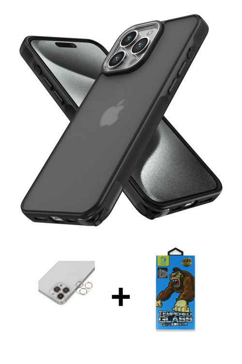 ieg™ iPhone 14 Pro Max Kılıf Atlas Form - Siyah 18D Cam Ekran Koruyucu + Gold Band Metal Kamera Lens