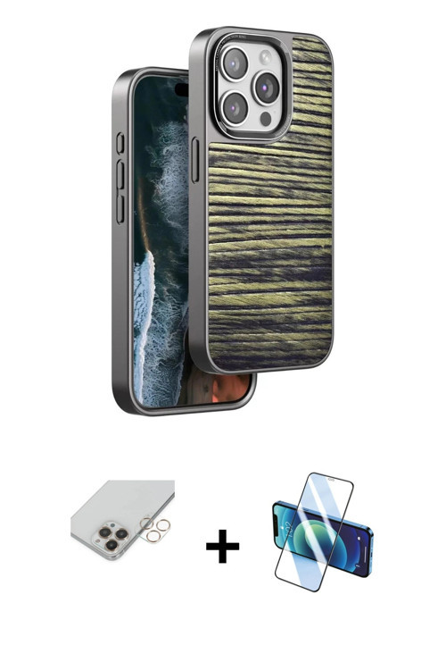 ieg™ iPhone 14 Pro Max Kılıf Atlas Minimal Özel Seri - Siyah 3D Antistatik Cam Ekran Koruyucu + Gold