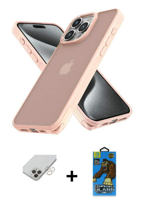 ieg™ iPhone 14 Pro Max Kılıf Atlas Form - Siyah 18D Cam Ekran Koruyucu + Gold Band Metal Kamera Lens