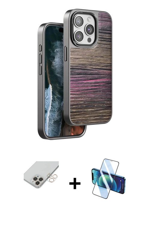 ieg™ iPhone 14 Pro Max Kılıf Atlas Minimal Özel Seri - Siyah 3D Antistatik Cam Ekran Koruyucu + Gold
