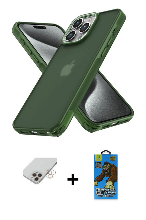 ieg™ iPhone 14 Pro Max Kılıf Atlas Form - Siyah 18D Cam Ekran Koruyucu + Gold Band Metal Kamera Lens